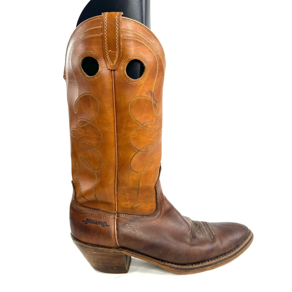 Basswood Vintage Men Size 9.5 Two Tone Brown Leather Western Cowboy Boot